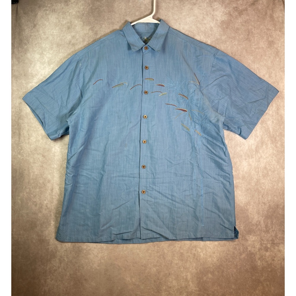 Bamboo Cay Shirt Mens Large Blue Tree Embroidered Button Up Hawaiian Floral